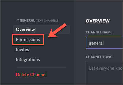 Haz clic en "Permisos" en la configuración de tu canal de Discord.