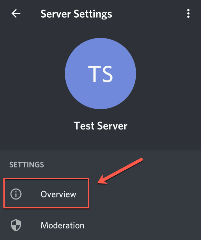 Toca "Descripción general" en el menú "Configuración del servidor" de Discord.