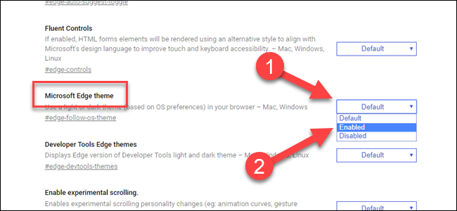 Edge Flag para el tema Microsoft Edge, con la flecha apuntando al menú desplegable y habilitado