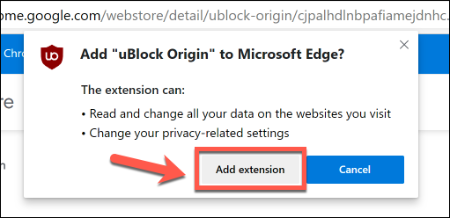 Haga clic en Agregar extensión para agregar una extensión de Chrome en Edge