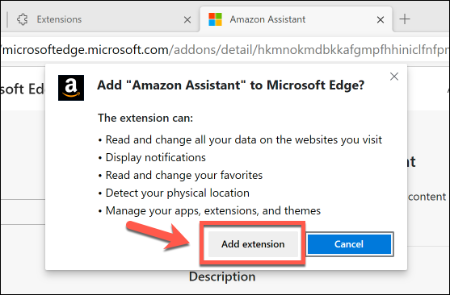 Haga clic en Agregar extensión para permitir que se instale una extensión en Microsoft Edge