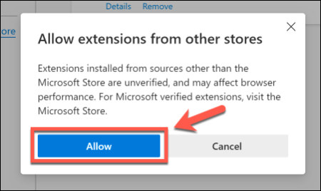 Haga clic en Permitir para permitir el uso de extensiones de Chrome en Edge