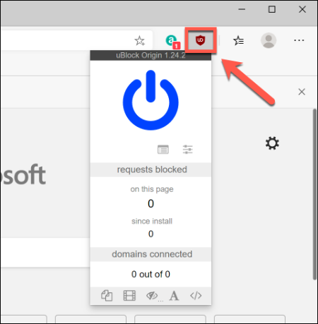 Presiona el ícono de una extensión de Google Chrome, junto a la barra de direcciones, para interactuar con él en Microsoft Edge