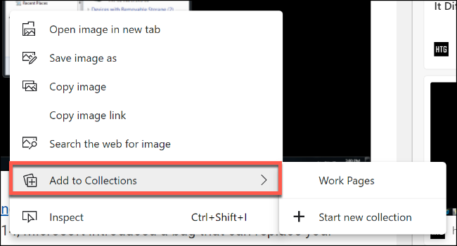 Haga clic con el botón derecho en un objeto o texto seleccionado, luego seleccione su colección en la subcategoría Agregar a la colección para agregar ese contenido a su colección de Microsoft Edge