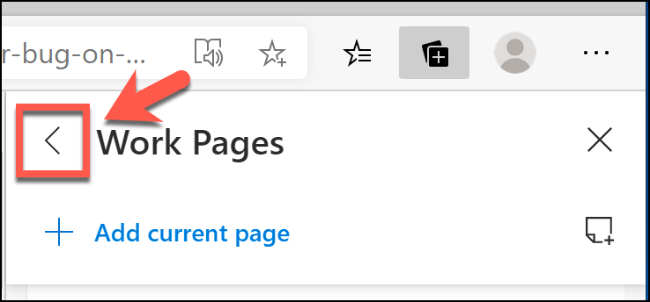Haga clic en la flecha que apunta a la izquierda en el menú Colecciones en Microsoft Edge para volver al menú principal de funciones