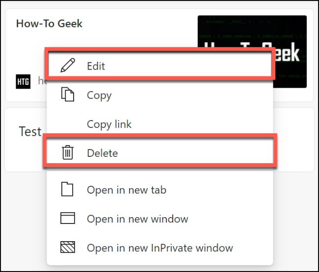 Las opciones para eliminar o editar una página web guardada en colecciones de Microsoft Edge