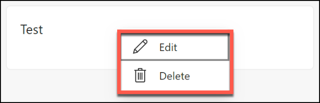 Las opciones para eliminar o editar una nota guardada en una colección de Microsoft Edge
