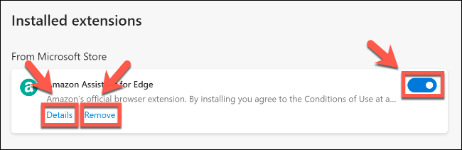 En la página de extensiones de Edge, haga clic en los detalles para obtener más información o para acceder a más configuraciones, eliminar para eliminar una extensión o el control deslizante para deshabilitarla / habilitarla