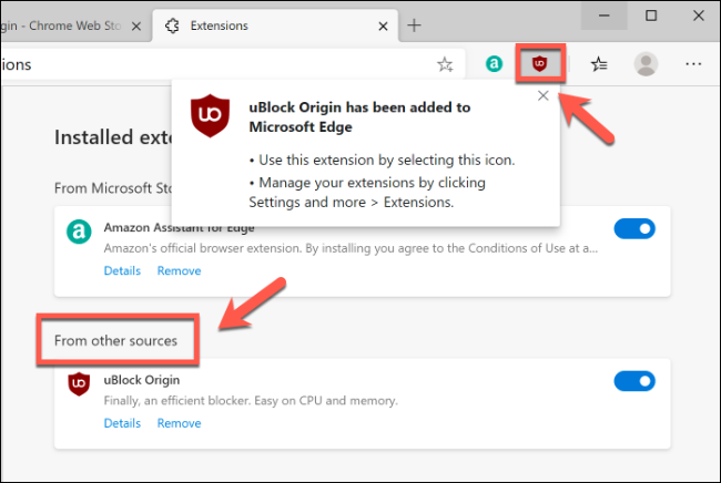 Extensiones de Google Chrome instaladas en Microsoft Edge, enumeradas en la página Extensiones