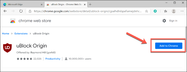 Haga clic en Agregar a Chrome para instalar una extensión de Chrome en Edge