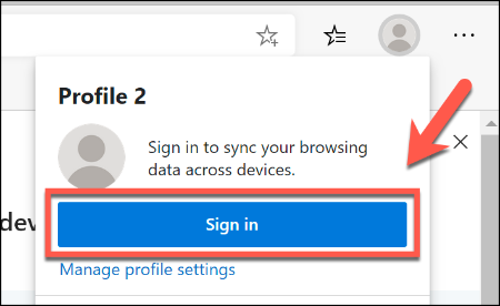 Para firmar su perfil de Microsoft Edge en una cuenta de Microsoft, presione el icono de perfil en la parte superior derecha, luego haga clic en Iniciar sesión