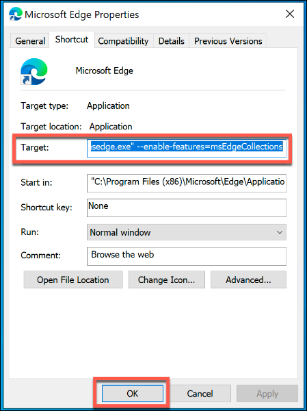 Un acceso directo personalizado de Microsoft Edge con la marca de habilitar funciones