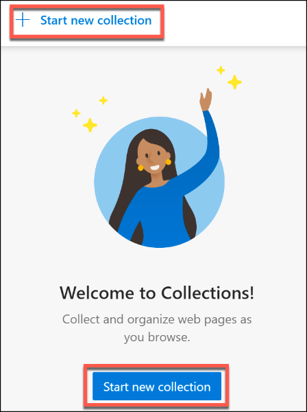 Haga clic en Iniciar nueva colección para iniciar una nueva colección de Edge