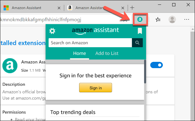 Haga clic en el icono de una extensión en Edge, junto a la barra de direcciones, para interactuar con él.