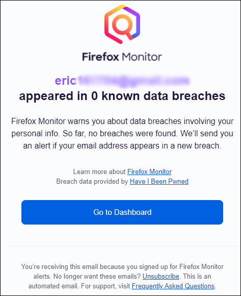 Una confirmación por correo electrónico de Firefox Monitor