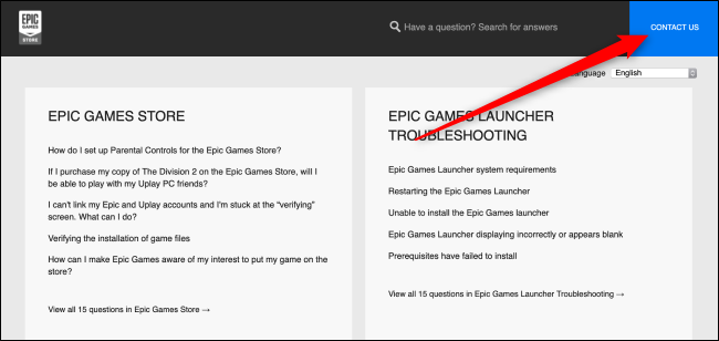 Página de ayuda de Epic Games Store