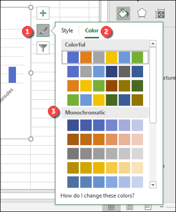 Haga clic en la pestaña "Color" debajo del menú de opciones "Estilo de gráfico" para cambiar los colores utilizados en su gráfico de barras de Excel