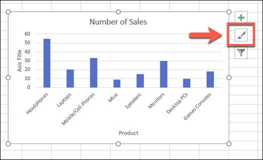 Para cambiar los estilos de gráfico de un gráfico de barras de Excel, seleccione el gráfico y luego presione el icono "Estilos de gráfico"