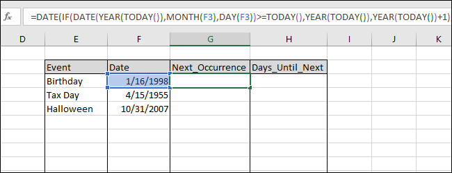 Ingresando "= FECHA (SI (FECHA (AÑO (HOY ()), MES (F3), DÍA (F3))> = HOY (), AÑO (HOY ()), AÑO (HOY ()) + 1), MES (F3), DAY (F3)) "en la celda F3