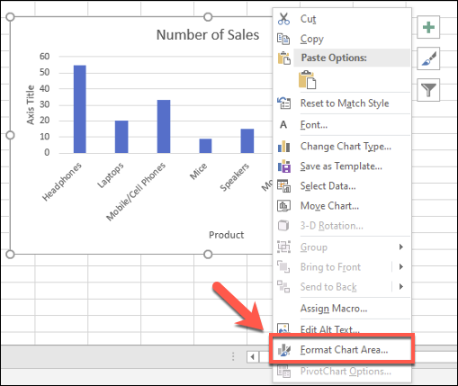 Puede realizar más cambios de formato en un gráfico de barras de Excel haciendo clic con el botón derecho en el gráfico y haciendo clic en la opción "Dar formato al área del gráfico".