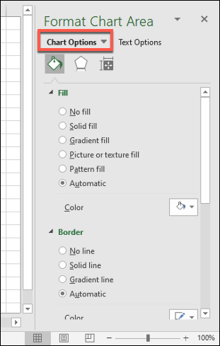La sección "Opciones de gráfico" del menú "Dar formato al área del gráfico", que le permite realizar más cambios de formato en un gráfico de Excel.