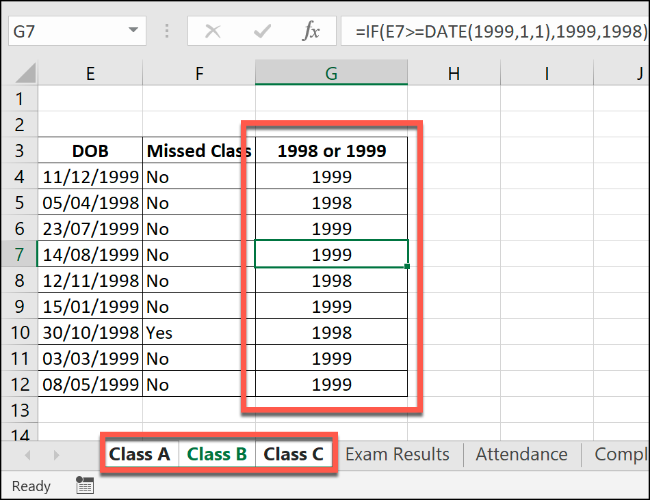 Una fórmula IF de Excel, aplicada a varias hojas de trabajo agrupadas.