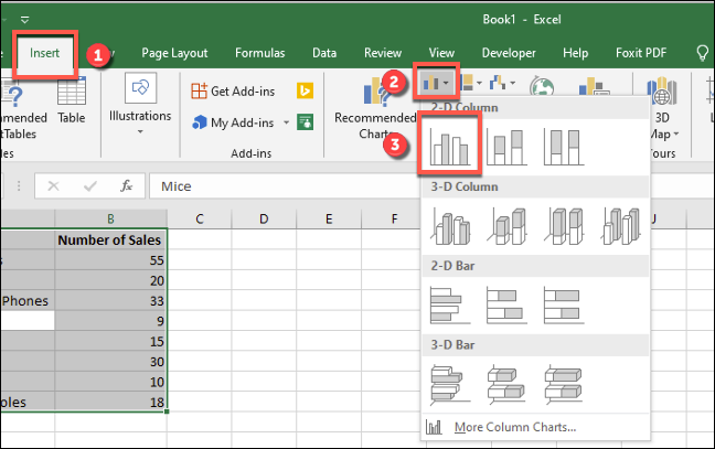 Presione Insertar> Insertar columna o gráfico de barras> Gráfico agrupado para insertar un gráfico de barras estándar en Excel