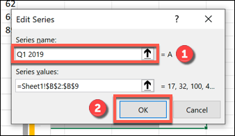 Cambie el nombre de su serie de datos en el cuadro "Nombre de la serie", luego haga clic en "Aceptar" para confirmar.