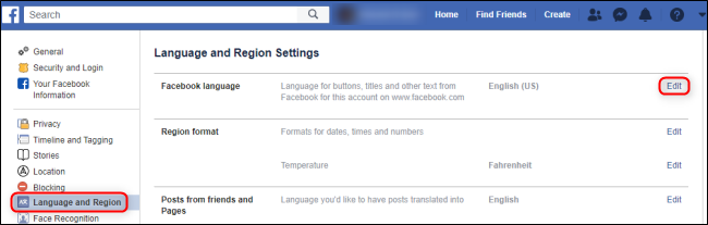 Idioma y región de Facebook