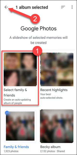Configuración de Google Photos con llamada en torno a la opción Seleccionar familia y amigos