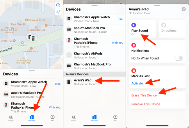 En tu iPhone, toca "Dispositivos", selecciona tu iPad de la lista y luego toca "Reproducir sonido", "Marcar como perdido" o "Borrar este dispositivo".