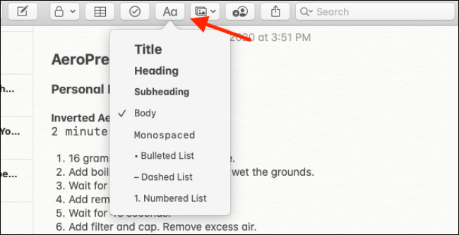 Opciones de formato en la aplicación Notes para Mac