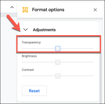 Cambie el nivel de transparencia usando el control deslizante en Opciones de formato> pestaña Ajustes en Dibujos de Google