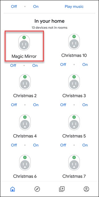 La aplicación Asistente de Google muestra dispositivos no asignados, el dispositivo Magic Mirror tiene un cuadro rojo alrededor