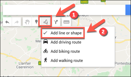 Presione Dibujar una línea> Agregar línea o forma para comenzar a agregar una línea o forma a su mapa personalizado de Google Maps