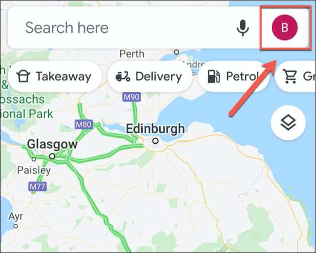 Toque el icono de cuenta circular en la barra de búsqueda para acceder al menú de Google Maps
