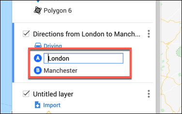 Escriba las ubicaciones de salida y llegada en la capa de direcciones personalizadas en el editor de mapas de Google Maps