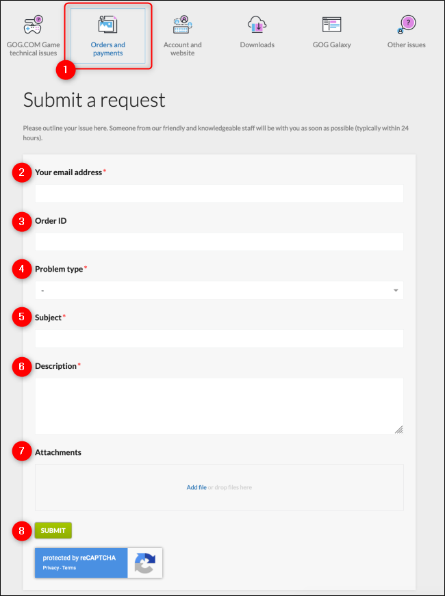 Formulario de solicitud de reembolso de GOG