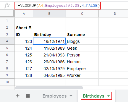 VLOOKUP en Google Sheets, devolviendo datos de una hoja a otra.