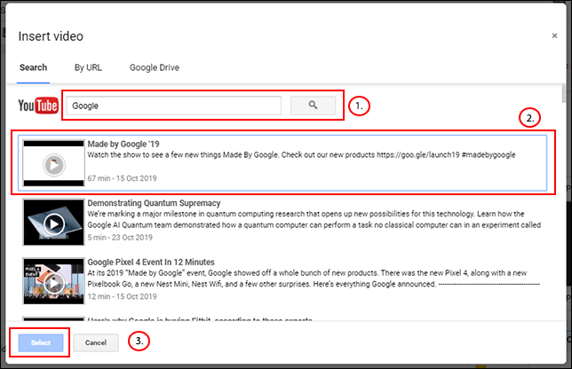 Use la barra de búsqueda en el menú Insertar video de Presentaciones de Google para buscar un video de YouTube, luego haga clic en Seleccionar