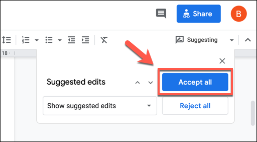 Para aceptar todas las sugerencias de edición en un documento, haga clic en el botón Aceptar todo.