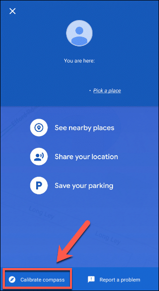 En la pantalla de información de ubicación detallada en Google Maps, presione el botón Calibrar brújula para calibrar la brújula de su dispositivo