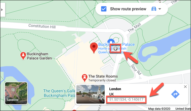 Las coordenadas del Palacio de Buckingham, Londres, que se muestran en el sitio web de Google Maps