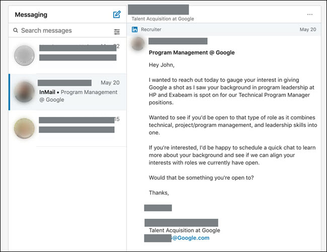 Mensaje de LinkedIn de un reclutador de Google pidiendo una charla sobre trabajos.