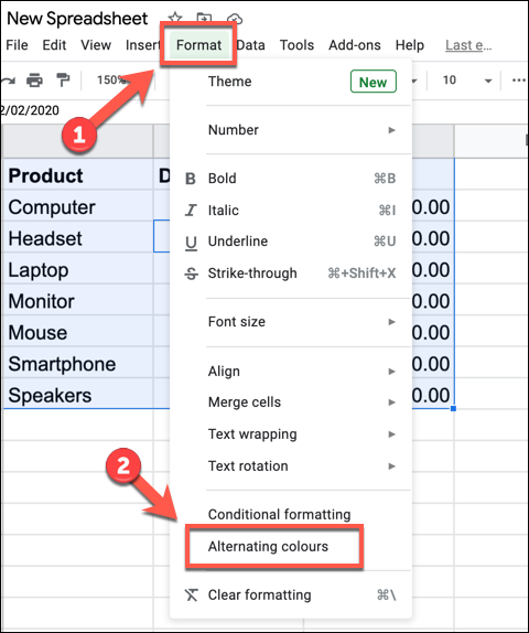 Haga clic en "Formato" y luego haga clic en "Colores alternos".