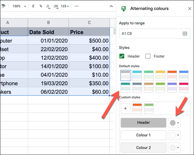 El panel "Colores alternos" en Google Sheets.