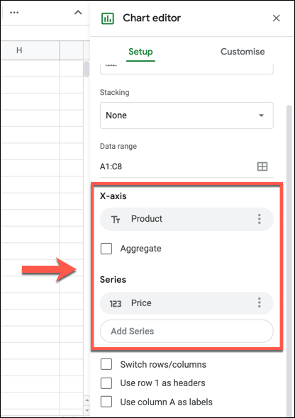 Los ejes utilizados para un gráfico de Google Sheets se enumerarán en las columnas "Eje X" y "Serie" en la pestaña "Configuración" del panel "Editor de gráficos".