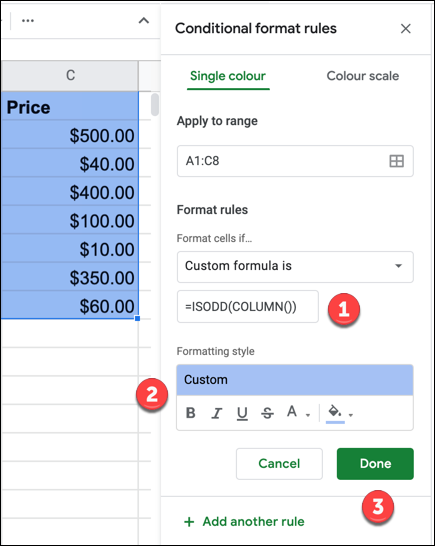 Proporcione una fórmula personalizada y un estilo de formato para la regla de formato condicional utilizando la fórmula ISODD, luego presione "Listo" para agregar la regla.