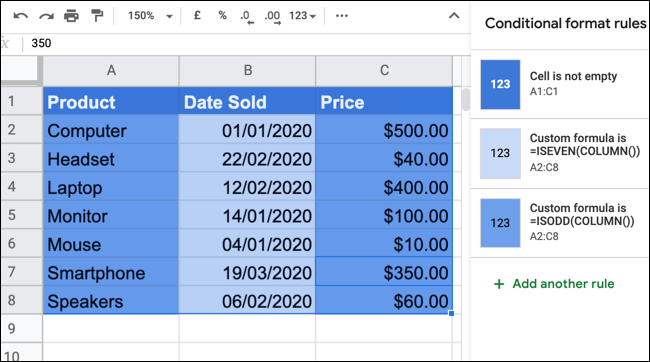 Un esquema de color azul alternativo en Google Sheets.