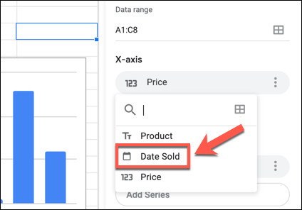 Haga clic en una etiqueta del eje X o Y en el panel Editor de gráficos de Google Sheets, luego seleccione una columna alternativa en el menú desplegable.